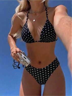 SHEIN Black White Polka Dot Triangle Bikini Set